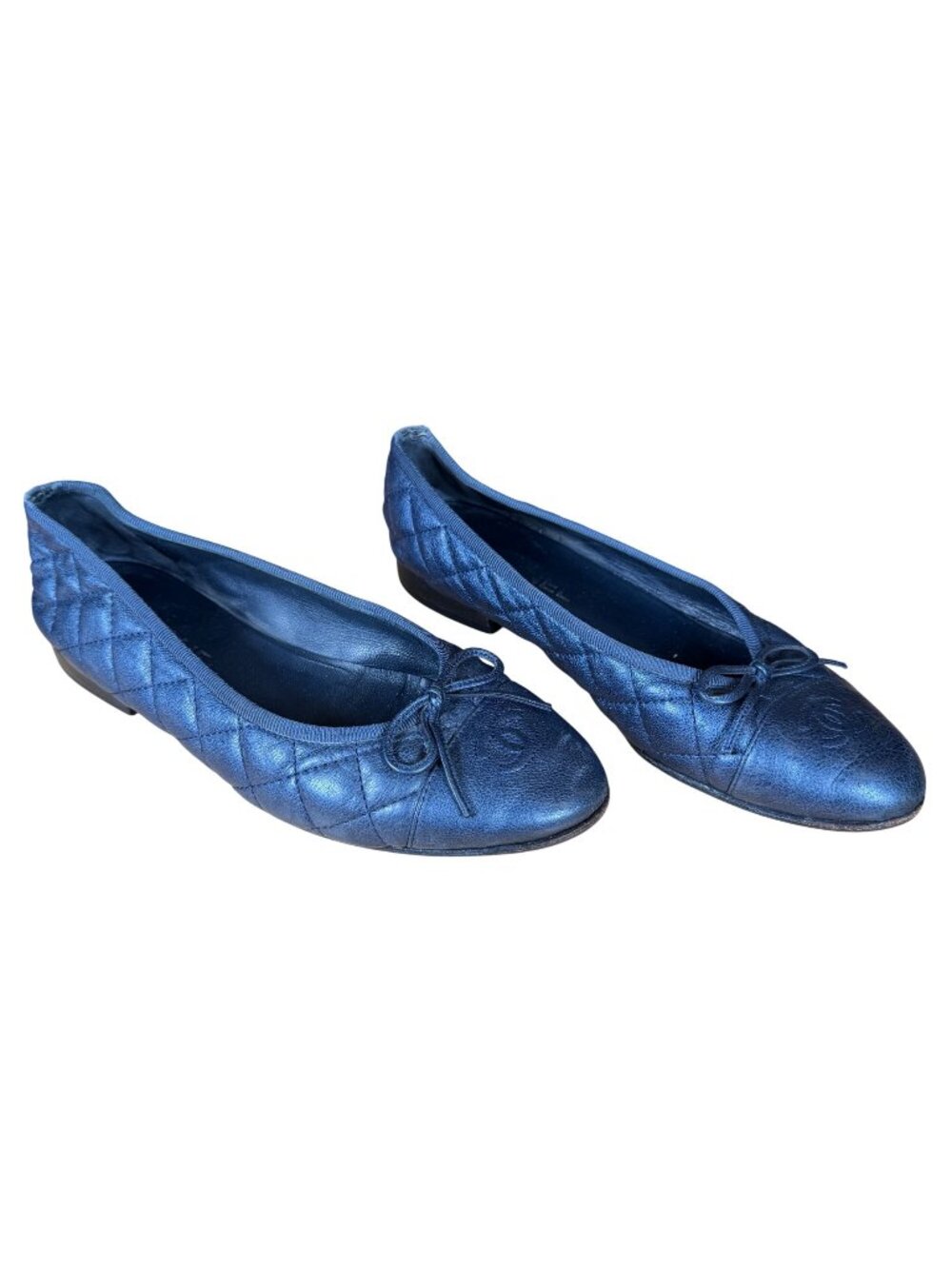 Chanel Navy Blue Quilted Leather CC Bow Cap Toe Ballet Flats Size EU 38.5